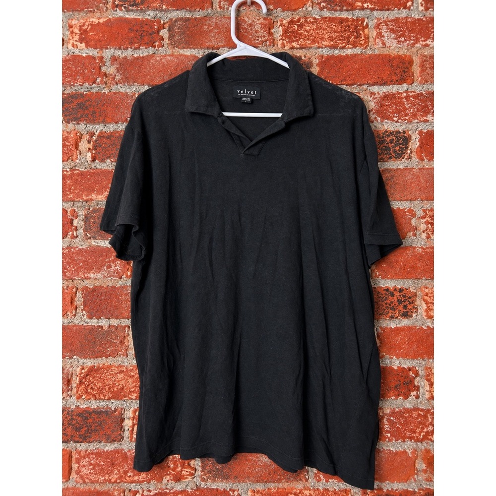 Velvet by Graham & Spencer Mens Black Cotton Linen Blend Polo Shirt L Gauze Slub